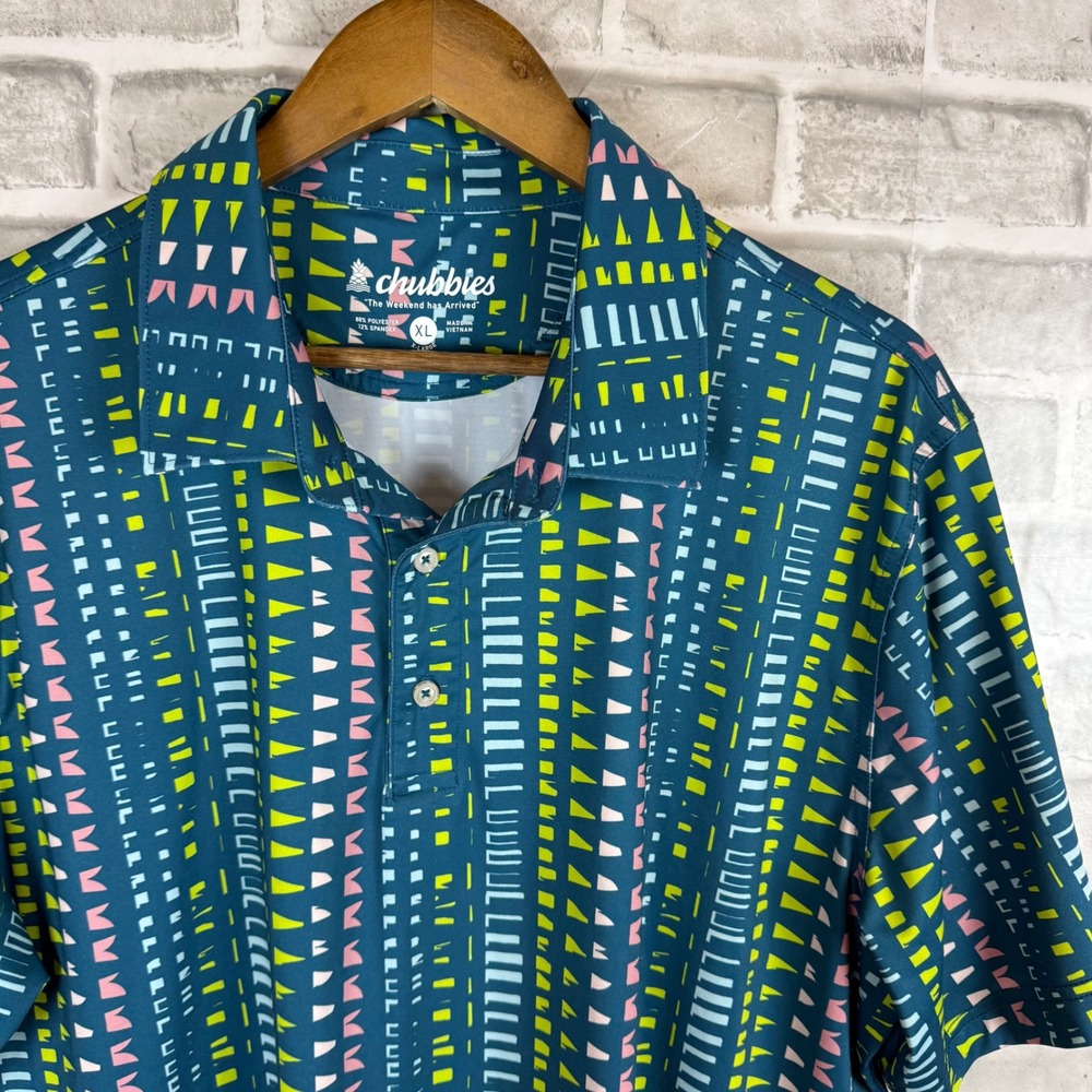 Chubbies Mens XL Performance Polo Shirt Teal Geometric Abstract AOP Print SS